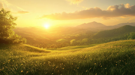A breathtaking sunset illuminating lush green hills adorned with blooming wildflowers. This serene landscape captures the essence of nature's beauty and tranquility.の素材