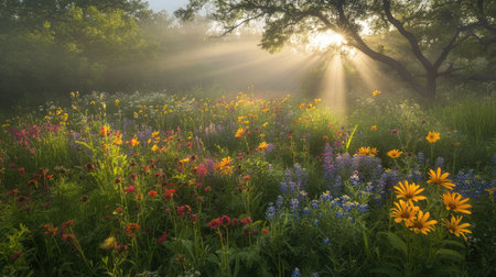 A picturesque morning scene showcasing a vibrant wildflower meadow illuminated by soft sunlight filtering through trees, creating a serene atmosphere.の素材