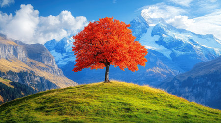 A stunning autumn view featuring a vibrant red tree on a gentle hill, surrounded by majestic snow-capped mountains and a bright blue sky. Perfect for nature lovers.の素材