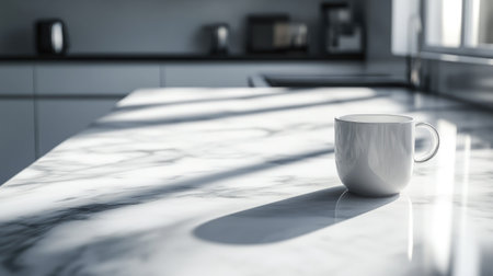 A serene minimalist kitchen setting showcasing a white coffee mug resting on a marble countertop, illuminated by soft morning light and casting gentle shadows.の素材