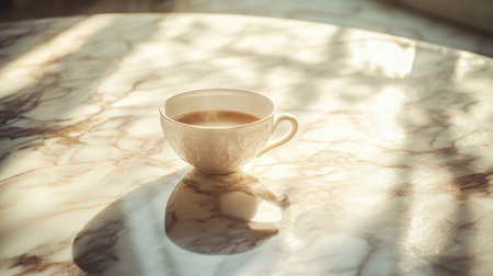 A serene coffee moment captured with an elegant cup on a marble table. Sunlight casts beautiful shadows, creating a relaxing and inviting atmosphere.の素材