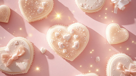 Delicate heart-shaped cookies adorned with shimmering details, showcasing a romantic design on a soft pink surface, perfect for celebrations and special occasions.の素材
