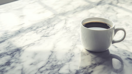 A simple white coffee cup sits on a luxurious marble surface, capturing natural light and soft shadows. Ideal for themes of relaxation and comfort.の素材