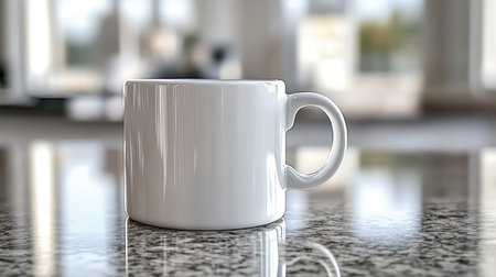 A clean white coffee mug rests on a polished marble countertop in a bright kitchen. The soft reflections and warm tones create a serene atmosphere, perfect for enjoying a morning beverage.の素材
