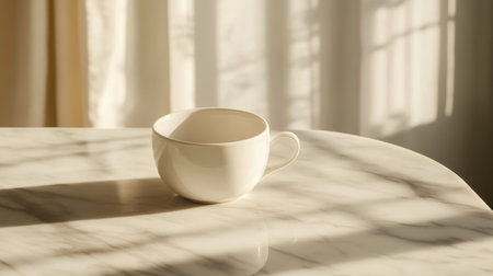 A serene image showcasing a minimalist white cup positioned on a marble surface. Soft light and intricate shadows create a calming and elegant atmosphere. Perfect for design themes.の素材