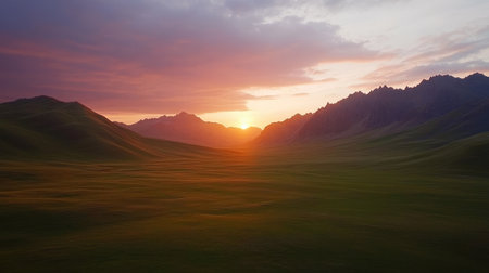 Breathtaking sunset reveals rolling hills and a stunning mountain range, casting warm light across a serene landscape. A perfect nature escape.の素材