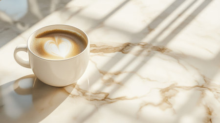 A serene morning scene featuring a white cup of latte with a heart design, placed on a beautifully textured marble table, illuminated by soft sunlight.の素材