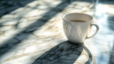 A serene coffee cup sits elegantly on a marble surface, casting soft shadows. Delight in the warm tones and natural light that create a cozy ambiance.の素材