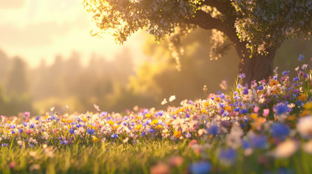 A stunning sunlit meadow filled with colorful wildflowers under a majestic tree. The scene captures the essence of nature's beauty in a serene and tranquil setting.の素材