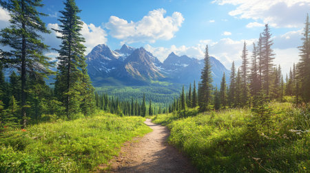 A stunning pathway winds through a vibrant forest, leading to majestic mountains under a blue sky filled with clouds. Ideal for adventure themes.の素材