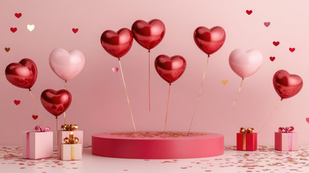 A delightful scene featuring heart-shaped balloons in shades of red and pink, surrounded by festive gifts. Perfect for romantic events or celebrations.の素材
