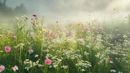 A serene meadow adorned with vibrant wildflowers captured in soft morning mist. This tranquil landscape evokes feelings of peace and beauty in nature.の素材