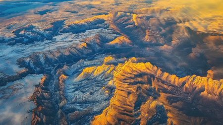 Stunning aerial view showcasing a rugged mountain range bathed in warm golden sunlight, revealing dramatic peaks and deep shadows beneath a vibrant sky.の素材