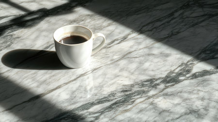 A white coffee cup sits on a sleek marble table, illuminated by soft natural light. Shadows cast an elegant design, creating a serene atmosphere perfect for relaxation.の素材