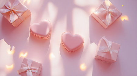 A delightful arrangement featuring pink heart and gift boxes on a soft pastel background, perfect for events, celebrations, or romantic moments.の素材