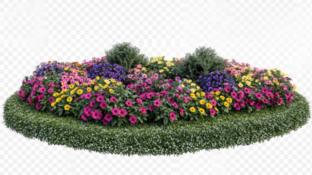 A stunning round garden display featuring a variety of colorful flowers surrounded by lush greenery, perfect for enhancing any outdoor space with beauty and freshness.の素材