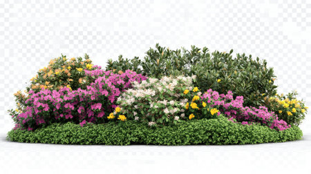 A beautiful flower bed featuring an array of colorful blooms in pink, white, and yellow, accompanied by lush green foliage, perfect for nature-themed projects.の素材