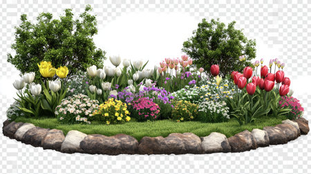 A stunning garden bed featuring a variety of colorful flowers and lush green foliage. This vibrant display showcases the beauty of nature in bloom, perfect for landscaping projects.の素材