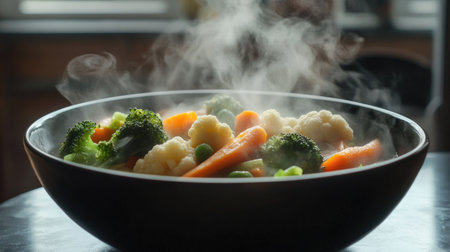 A steaming bowl of fresh vegetables featuring broccoli, carrots, and cauliflower, showcasing vibrant colors and nutritious ingredients for a healthy meal.の素材