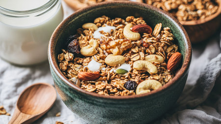 A vibrant and nutritious breakfast bowl featuring granola, nuts, and a creamy yogurt topping, perfect for a healthy morning meal or snack.の素材