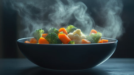 A bowl of fresh steamed vegetables featuring broccoli, carrots, and cauliflower, exuding steam. This nutritious dish embodies vibrant colors and healthy eating.の素材
