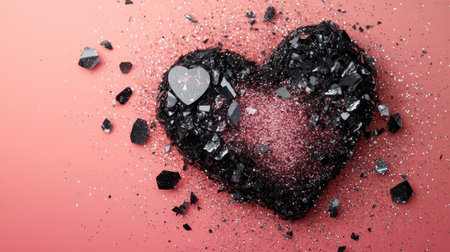 A striking visual of a broken heart shape made from black glass shards and sparkling crystals, set against a soft pink background, symbolizing complex emotions.の素材