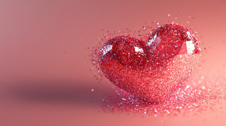 A stunning red heart shape covered in sparkling glitter set against a soft pink background. This image captures love and romance, perfect for various creative projects.の素材