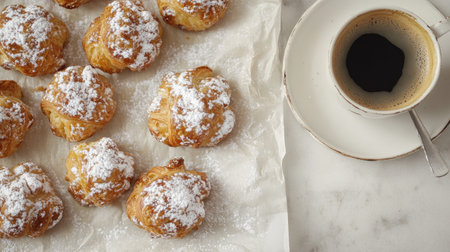 A delightful arrangement of flaky pastries dusted with powdered sugar beside a steaming cup of coffee, perfect for a cozy afternoon treat.の素材
