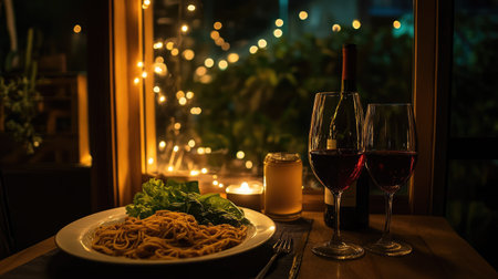 Enjoy a romantic evening with a beautifully arranged dinner featuring spaghetti and wine, set against a warm, glowing backdrop of lights and greenery.の素材