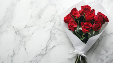 A stunning bouquet of vibrant red roses wrapped in white paper, set on a sleek marble surface. Perfect for expressing love and admiration on special occasions.の素材