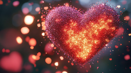 A stunning heart shape filled with sparkling glitter and illuminated with warm colors, creating a magical atmosphere for themes of love and celebration.の素材