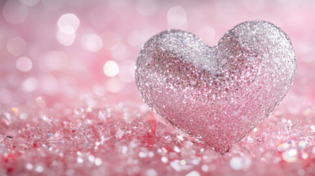 A beautiful pink heart adorned with sparkling glitter rests on a shimmering background, creating an enchanting scene perfect for romantic themes and celebrations.の素材