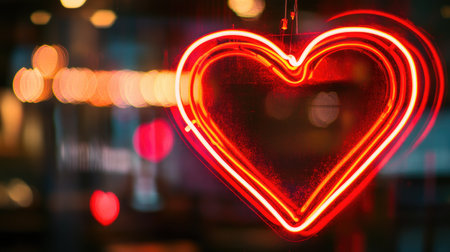 A vibrant neon heart sign radiates warmth and romance, set against a softly blurred background. Ideal for love-themed projects or nightlife illustrations.の素材