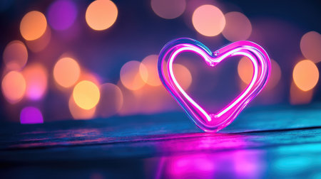A stunning neon heart light glows beautifully against a vibrant bokeh background. Perfect for themes of love, romance, and celebration in photography.の素材