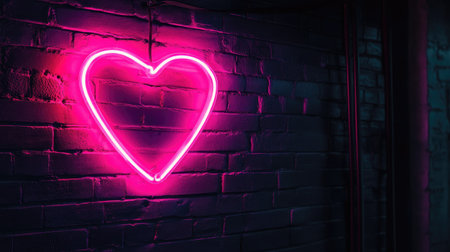 A glowing neon heart sign illuminates a dark brick wall, creating a vibrant and romantic ambiance. Ideal for themes of love and urban nightlife.の素材