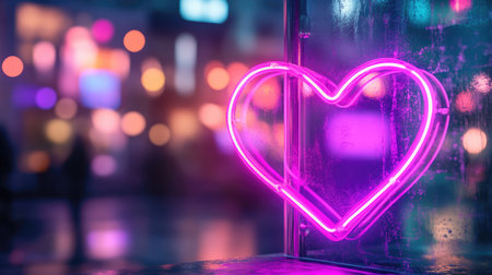 A vibrant neon heart sign radiates love in an urban night scene, surrounded by colorful bokeh lights. The glowing artwork creates a romantic and trendy atmosphere.の素材