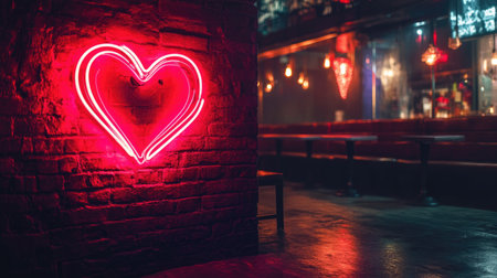 A vibrant neon heart sign illuminates a trendy bar interior, creating a romantic and cozy atmosphere perfect for nightlife and gatherings. The warm glow highlights the unique decor against a brick wall.の素材