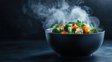 A bowl of fresh steamed vegetables featuring broccoli, carrots, and cauliflower with aromatic steam rising, perfect for a healthy meal or side dish.の素材
