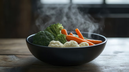 A steaming bowl of fresh vegetables including broccoli, carrots, and cauliflower, showcasing vibrant colors and healthy nutrition. Perfect for meal preparation.の素材