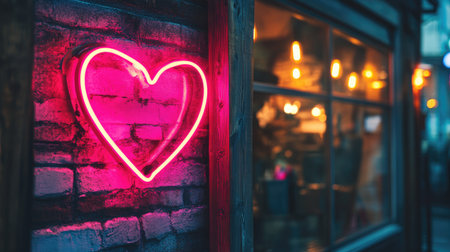 A glowing neon heart sign casts a warm and inviting light against a textured brick wall, enhancing the romantic atmosphere of an urban cafe or restaurant.の素材