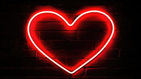 A vibrant red neon heart glowing against a dark brick wall creates a striking visual. Perfect for themes of love, emotion, and celebration.の素材