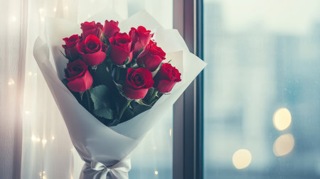 A stunning bouquet of vibrant red roses wrapped in white paper, placed near a window. Soft natural light creates a serene and romantic atmosphere, perfect for any special occasion.の素材