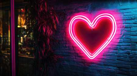 A vibrant neon heart sign glowing against a textured brick wall, creating a romantic and trendy atmosphere perfect for night scenes, decorations, or art displays.の素材