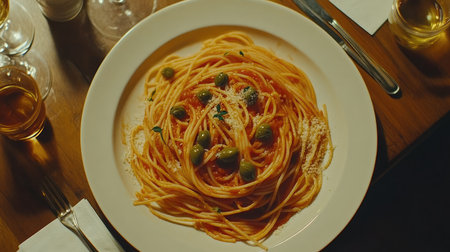 A beautifully presented plate of classic Italian spaghetti, topped with fresh olives and Parmesan cheese, evoking a cozy and gourmet dining experience.の素材