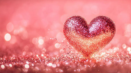 A sparkling glitter heart rests on a soft pink background, ideal for themes of love and romance. This vibrant image conveys warmth and affection, perfect for various celebrations.の素材