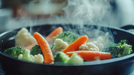 A vibrant medley of freshly steamed vegetables, showcasing broccoli, carrots, and cauliflower, ideal for healthy meals and nutritious cooking.の素材