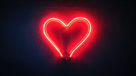 A captivating neon heart sign radiates a vibrant red glow against a dark background. This artistic piece symbolizes love and affection, perfect for romantic settings.の素材
