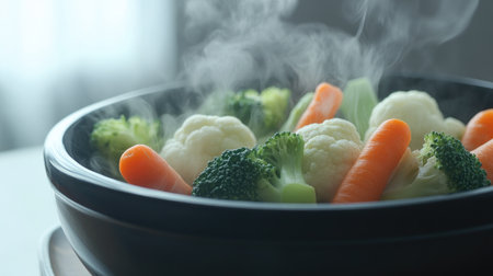 A close-up view of a black bowl filled with vibrant, steamed vegetables, including broccoli, cauliflower, and carrots. Steam rises, enhancing the fresh aroma, perfect for promoting healthy eating.の素材