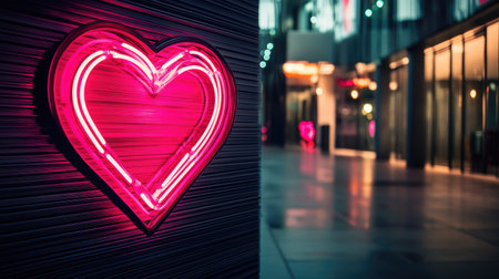 A vivid neon heart sign illuminated against an urban night backdrop, creating a charming atmosphere ideal for love-themed decorations or photography.の素材