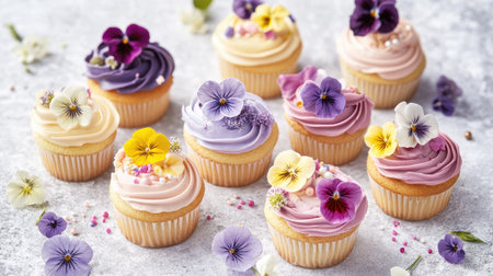 Delight in this vibrant assortment of cupcakes elegantly topped with edible flowers, showcasing a beautiful blend of colors perfect for any celebration.の素材